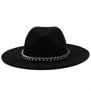 Detailed view of black suede cowboy hat featuring a bold silver acrylic chain band