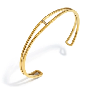 18K gold plated stainless steel double-layer open bangle with sparkling crystal accent
