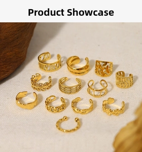 Detailed set of 12 vintage 18K gold plated ear cuffs with diverse hollow and carved patterns