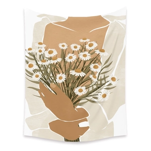 Bohemian daisy flower tapestry with artistic illustration and warm Morandi colors