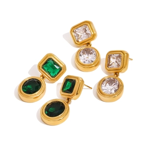 Luxury 18K gold plated stainless steel geometric earrings with green and white zircons