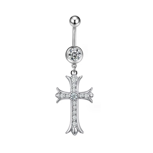 Detail of silver belly ring with cross pendant and sparkling pavé crystal accents