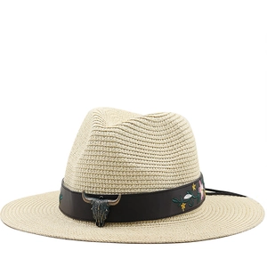 Cappello Da Sole Fedora In Paglia Con Decorazione In Metallo Testa Di Toro Ricamo Floreale Stile Cowboy Per Spiaggia