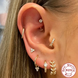 S925 sterling silver gold plated piercing earring set with zircon crystal accents