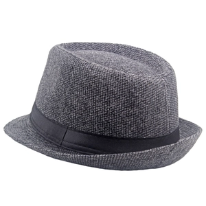 Detail showing charcoal grey wool blend fabric and black satin band on a men's fedora
