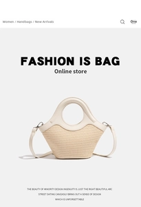 Detail of woven straw and white leather handbag with circular handle for summer