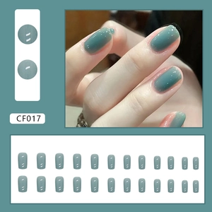 Glossy hazy green medium-long square press-on nails set with 24 pieces for natural manicure
