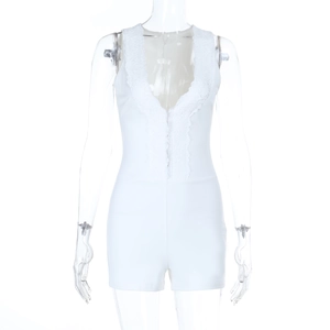 Detail of white lace V-neck stitching and slim fit texture on the athletic romper