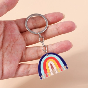 Detailed close-up of a colorful acrylic rainbow keychain with silver ring and human silhouettes