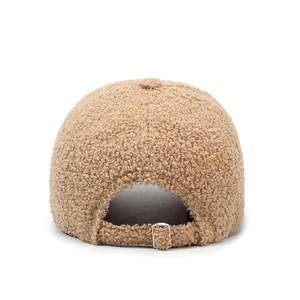 Women's teddy fleece baseball cap in light khaki with metal buckle and soft wool texture