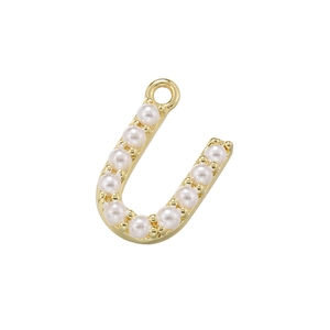 Close-up of 18K gold plated U-letter pendant featuring inlaid faux pearls on a white background