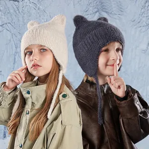 Kids Winter Knit Hat Cat Ears Earflap Warm Windproof Outdoor Cute Beanie For Boys Girls Polyester