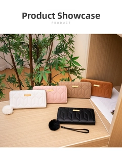 Long wallets for women with Y-shaped quilting and pompom charms in five soft colors