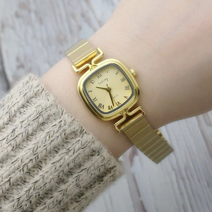 Fashion Women Quartz Watch Elegant Square Dial Roman Numerals Stainless Steel Bamboo Texture Stretch Strap Alloy Case Wristwatch