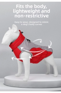 Detail view of winter dog vest featuring red and grey color block with leash attachment D-rings