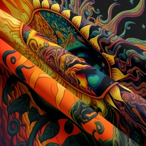 Close-up of vibrant psychedelic mushroom tapestry fabric with detailed woven texture