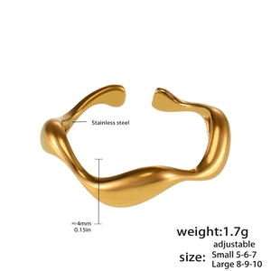 Detailed view of adjustable golden minimalist irregular ring with sizing specifications