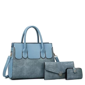 Blue crocodile pattern three-piece handbag set with large tote, wallet and mini pouch