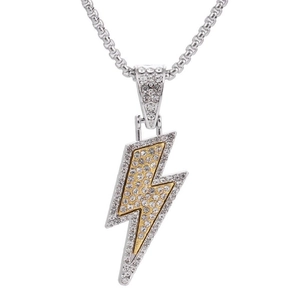 Hip hop silver and gold lightning pendant necklace with iced-out crystal pavé stones