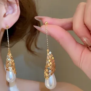18k gold plated long drop earrings with white pearls and luxury honeycomb mesh design
