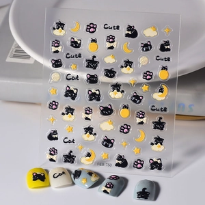5D Embossed Nail Art Stickers Japanese Style Cartoon Cat Moon Stars Waterproof DIY Manicure Decals For Women
