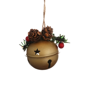 Golden Christmas metal bell with pine cones and red berries on a white background