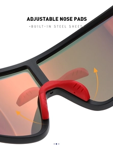 Macro detail of adjustable red nose pads with built-in steel sheet for sports sunglasses