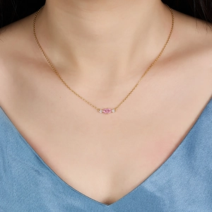 Elegant S925 silver gold chain with marquise pink gem pendant on model neck