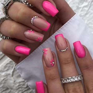Hot Pink Square Press On Nails With Rhinestone Flower French Style Glossy Finish Medium Length Fashion Artificial Nails