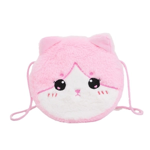Pink and white cat plush crossbody bag for girls with cute embroidered cat face details