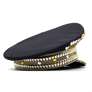 Flat top captain hat with gold chains and colorful rhinestones for party performance
