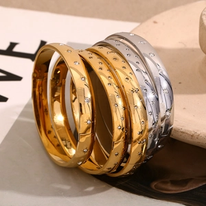 Stainless Steel Bangle Bracelet 18K Gold Plated Star Moon Evil Eye Octagram White Zircon Celestial Minimalist Jewelry