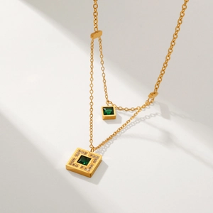 Double-layer gold titanium steel necklace with square emerald green zircon pendants