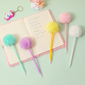 Pastel plush pom pom neutral pens set with matching notebooks for school and journaling