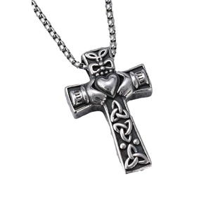Silver stainless steel Celtic Claddagh cross urn necklace with intricate knot designs