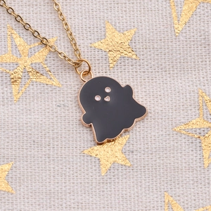 Halloween ghost pendant necklace in black enamel with elegant gold metal chain link