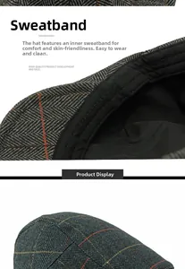 Detail of herringbone wool flat cap showing the built-in sweatband and soft lining