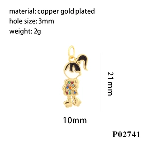 Detail of 18K gold plated cartoon girl pendant with measurements and material specs