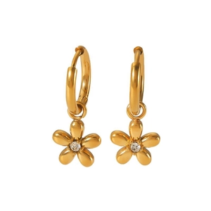 Detail of 18k gold plated daisy flower earrings with sparkling zircon center on white background
