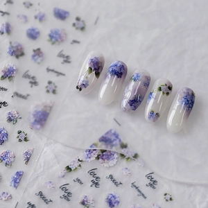 Hydrangea Flower Nail Art Stickers Watercolor Purple Blue Floral Self Adhesive PET Decals For Women