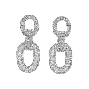 Luxury silver geometric interlocking oval chain earrings with sparkling rhinestones