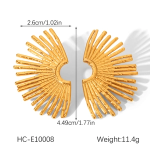 Detailed dimensions of gold stainless steel fan-shaped earrings on a clean white background