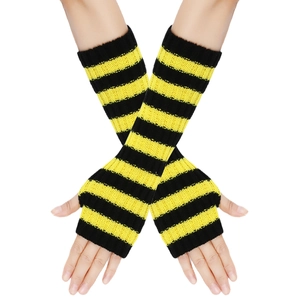 Detail of black and yellow striped knitted arm warmers on hands with fingerless design