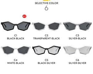 Detailed grid showing six color options for geometric polygon cat-eye sunglasses
