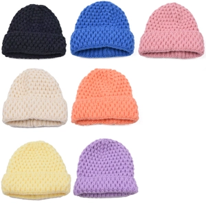 Knitted winter beanie hats for kids in seven vibrant colors with thick ribbed texture