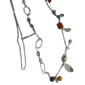 Ethnic retro long sweater necklace with ceramic beads and hollow metal floral pendants