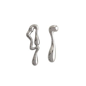 Polished silver asymmetrical geometric stud earrings with a minimalist liquid metal design
