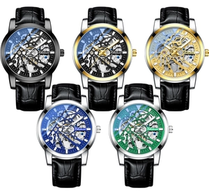 Various automatic skeleton watches for men with black leather straps in five colors