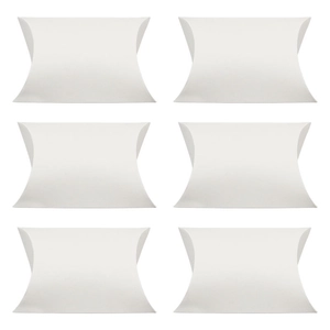 Six white kraft paper pillow boxes for wedding favors and small gift packaging