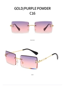 Detail view of gold metal rimless sunglasses with purple pink gradient square lenses